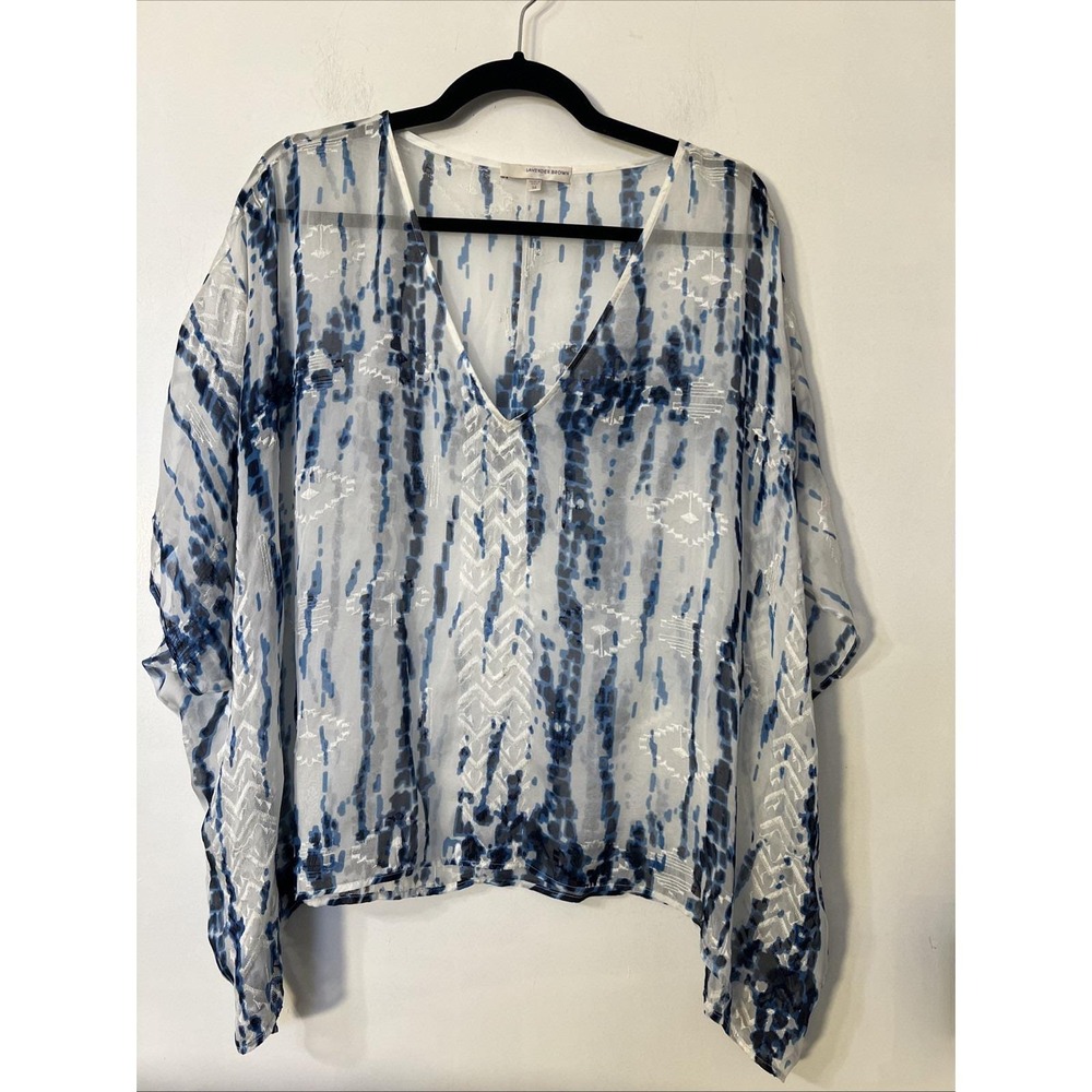 VTG Lavender Brown 100% Silk Embroidered Blue White M Oversized Sheer Crop